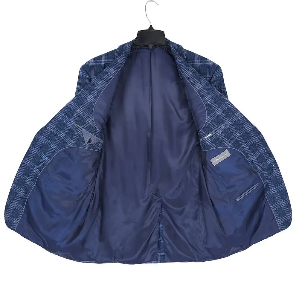 Michael Kors Mens Classic Fit Sport Coat Blazer 42L Blue Plaid Stretch NWT